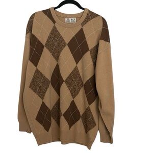 Pringle Lambswool Argyle Crewneck Sweater Tan Brown made n Scotland